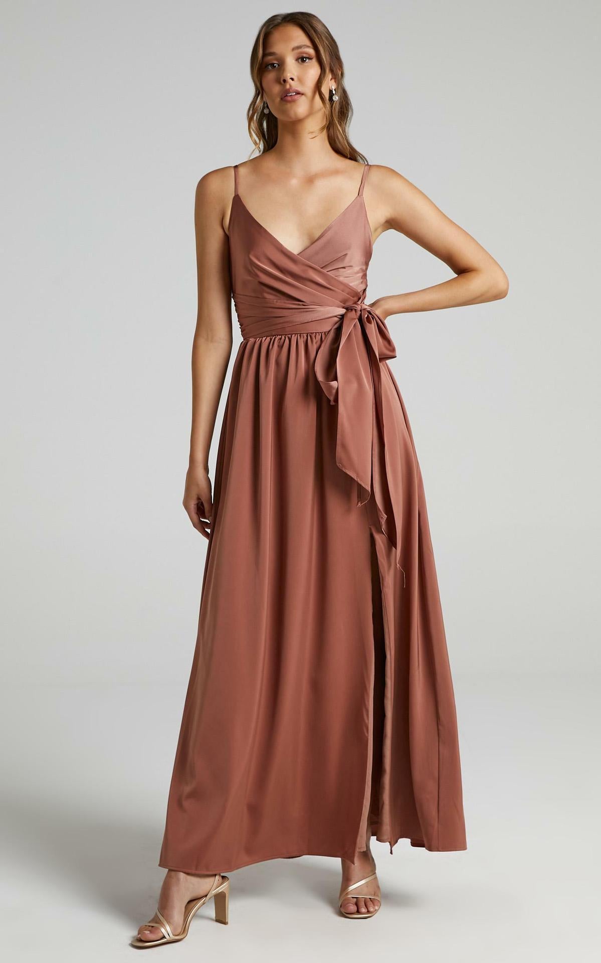 Satin V-Neck Spaghetti Strap Wrap Tie Maxi Dress 5