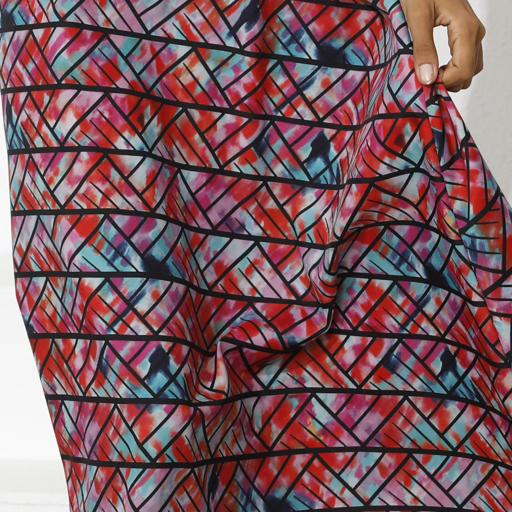 Abstract Print Sleeveless Tie Waist Midi Dress