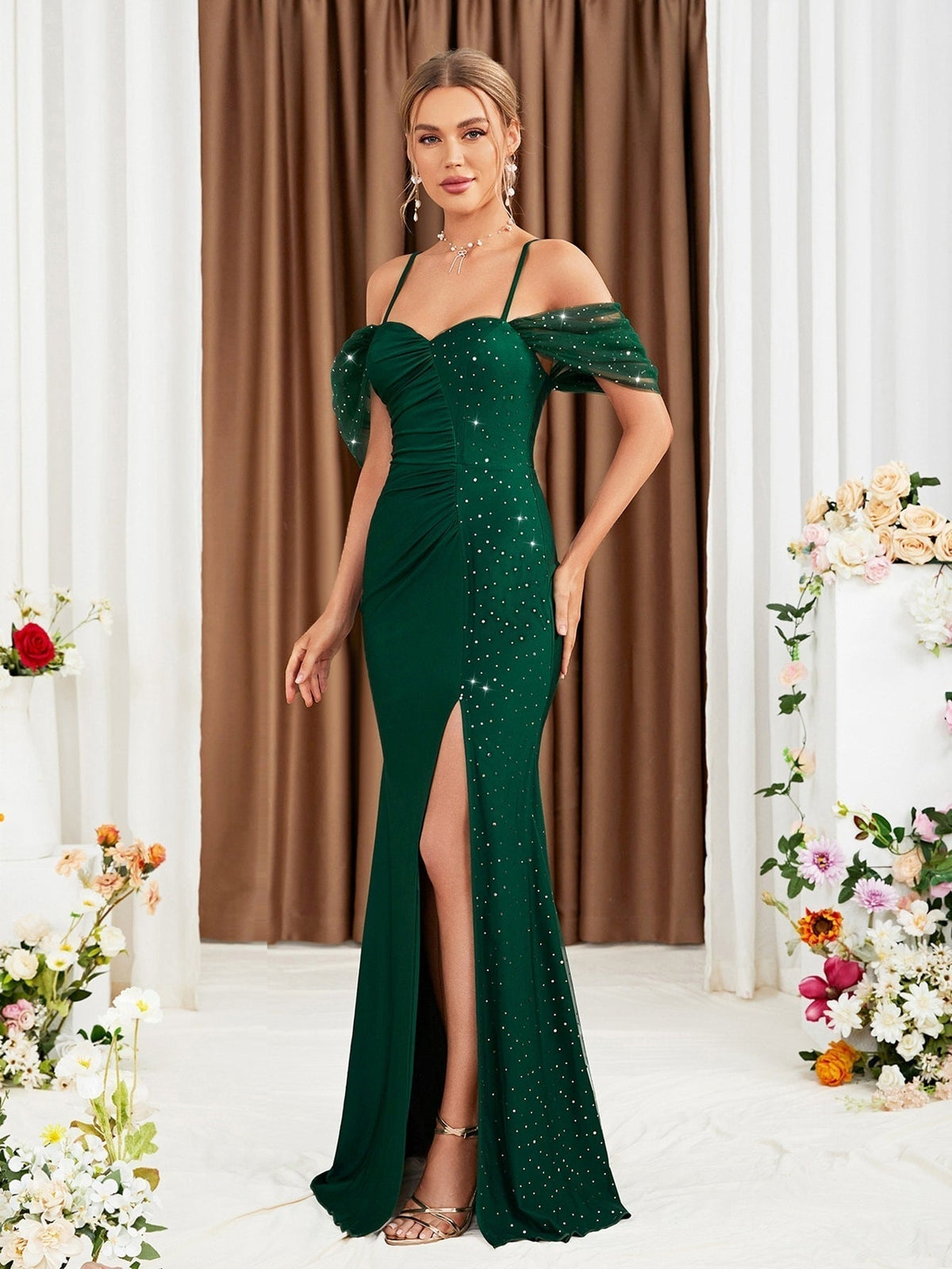 Cold Shoulder Sweetheart Ruched High Split Mermaid Gown - View 6