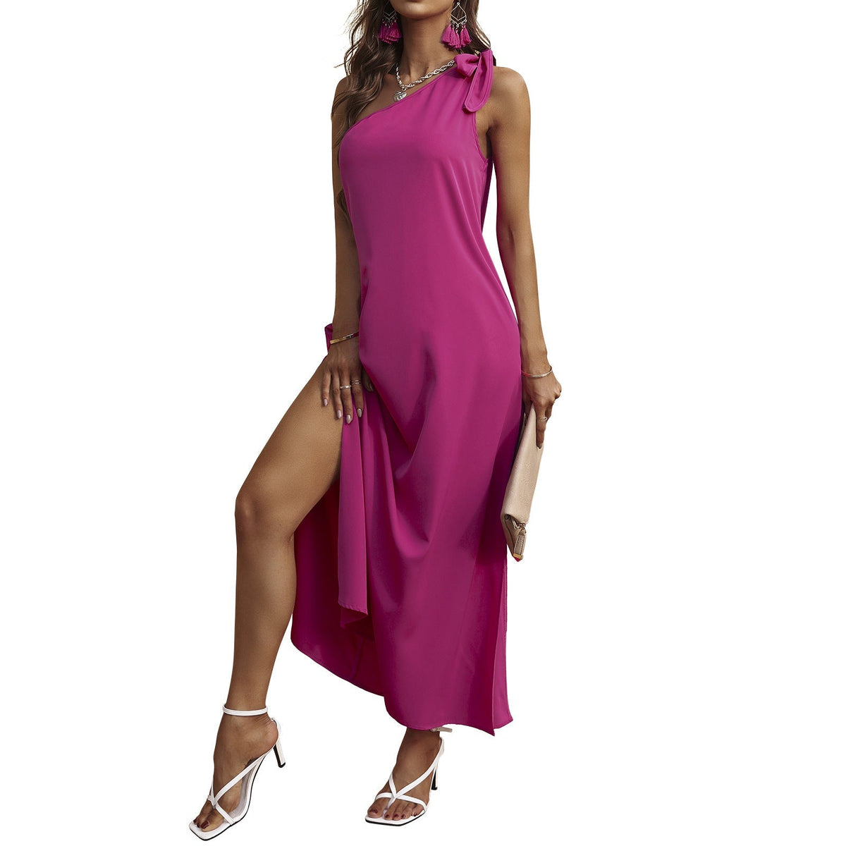One Shoulder Sleeveless Side Slit A-Line Maxi Dress