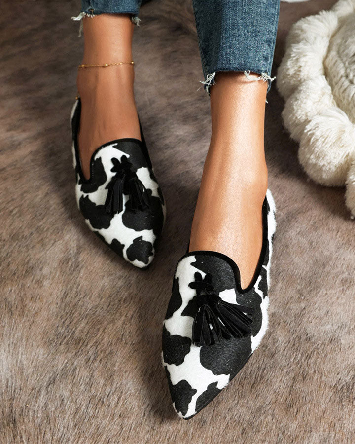 Pointed-toe Fringe Leopard Contrast Mules - Fashionpara