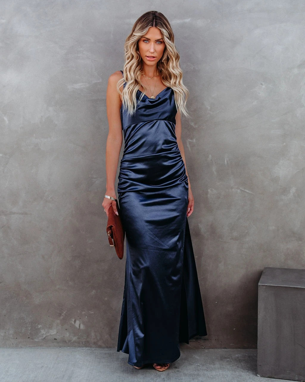 Plus One Satin Cowl Neck Maxi Dress - Navy - FINAL SALE