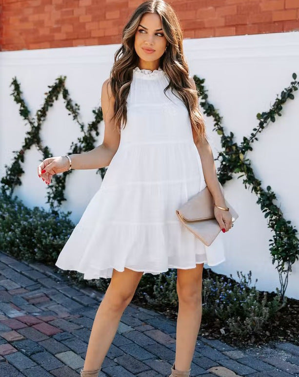 Frill High Neck Sleeveless Tiered Swing Mini Dress