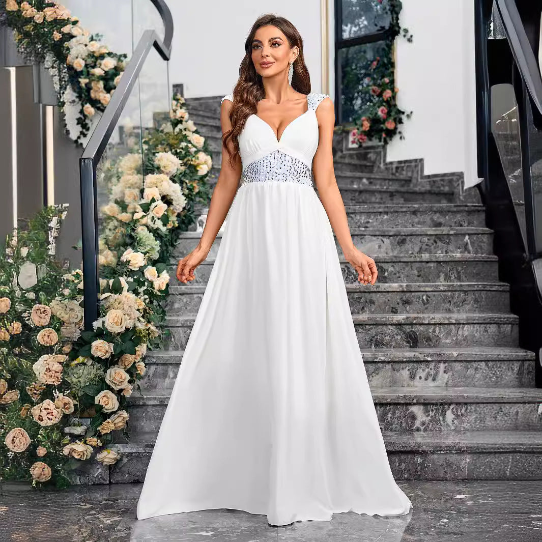 Solid Color Sequ V neck Brace Elegant Backless Slim Fit Chiffon Cocktail Evening Dress - Fashionpara