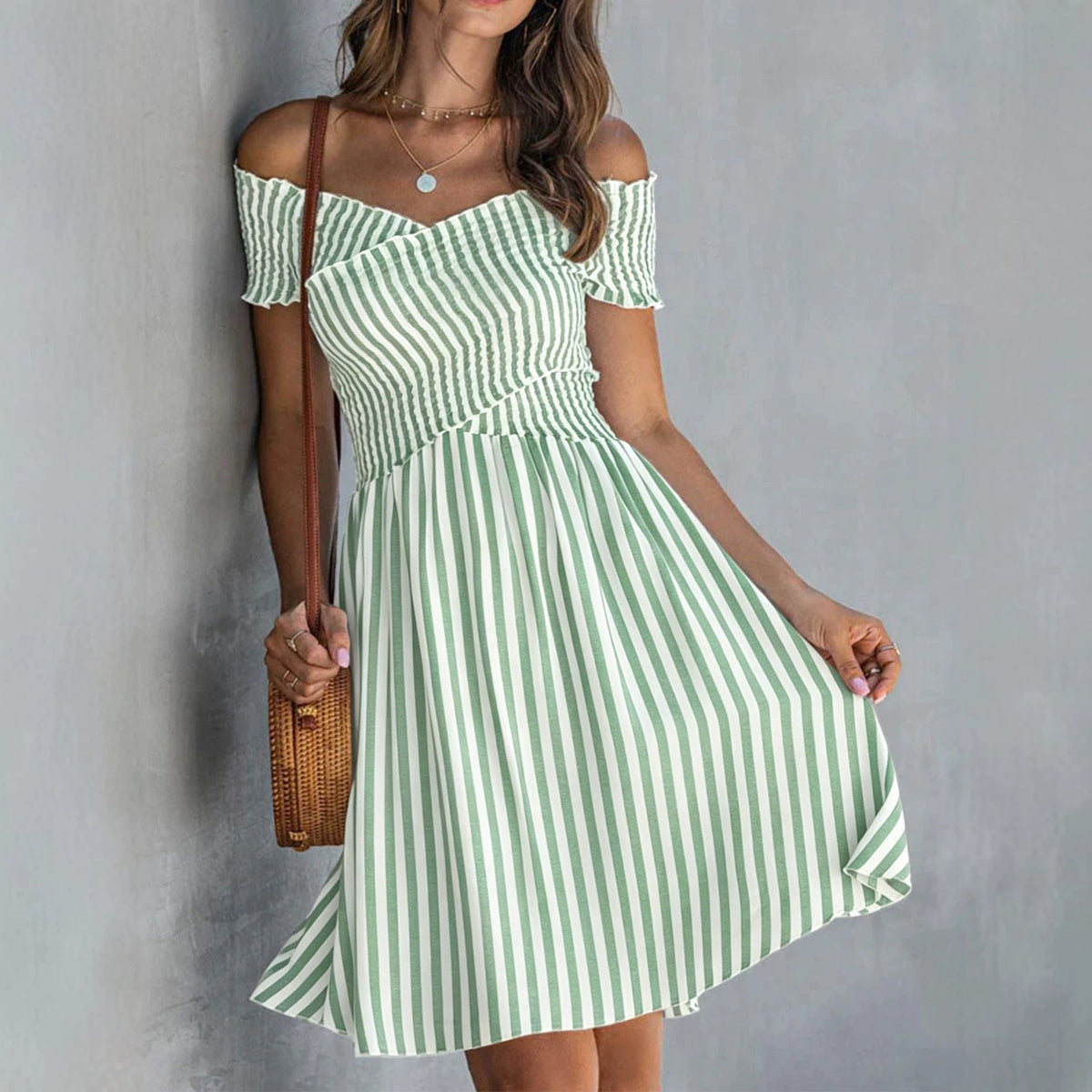 Striped Off Shoulder Short Sleeve Smocked Mini Dress 4