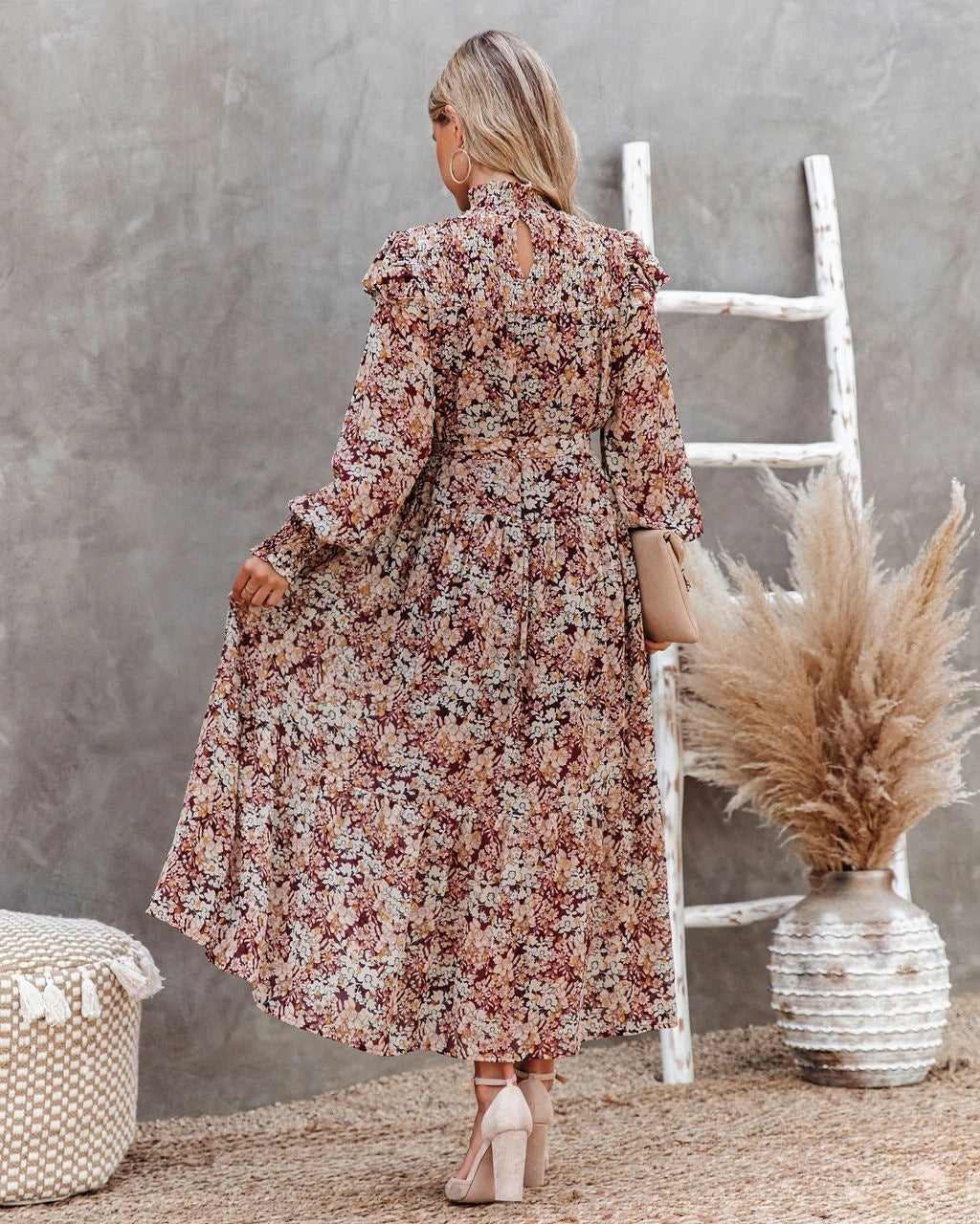 Floral Print High Neck Long Sleeve Tiered Midi Dress