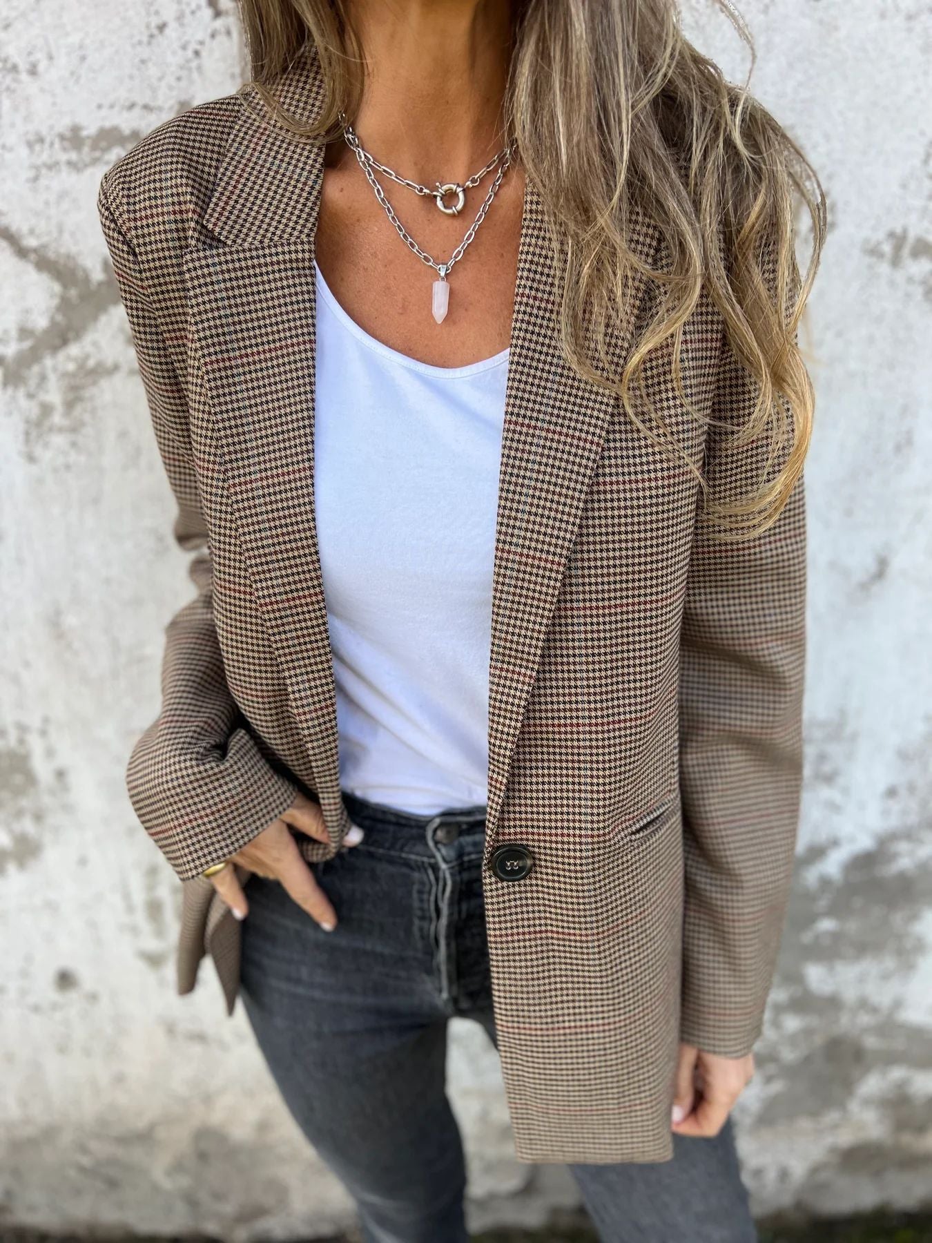 Elegant Houndstooth Single Button Blazer with Pockets