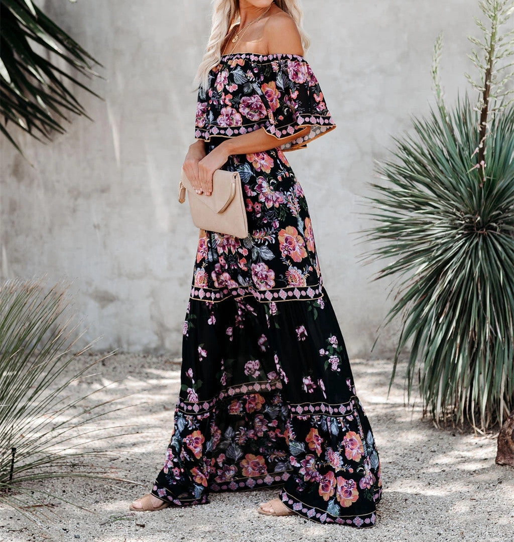 Floral Print Off Shoulder Tiered Maxi Dress
