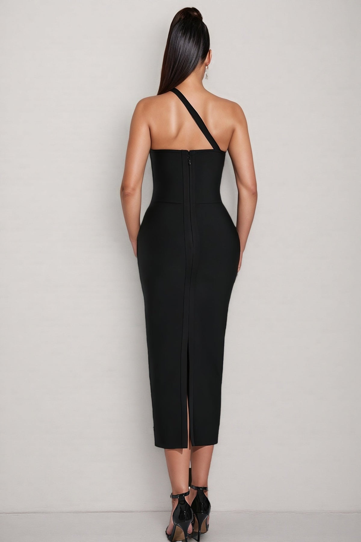 Crystal Trim Asymmetric Strap One Shoulder Bodycon Bandage Midi Dress - View 4