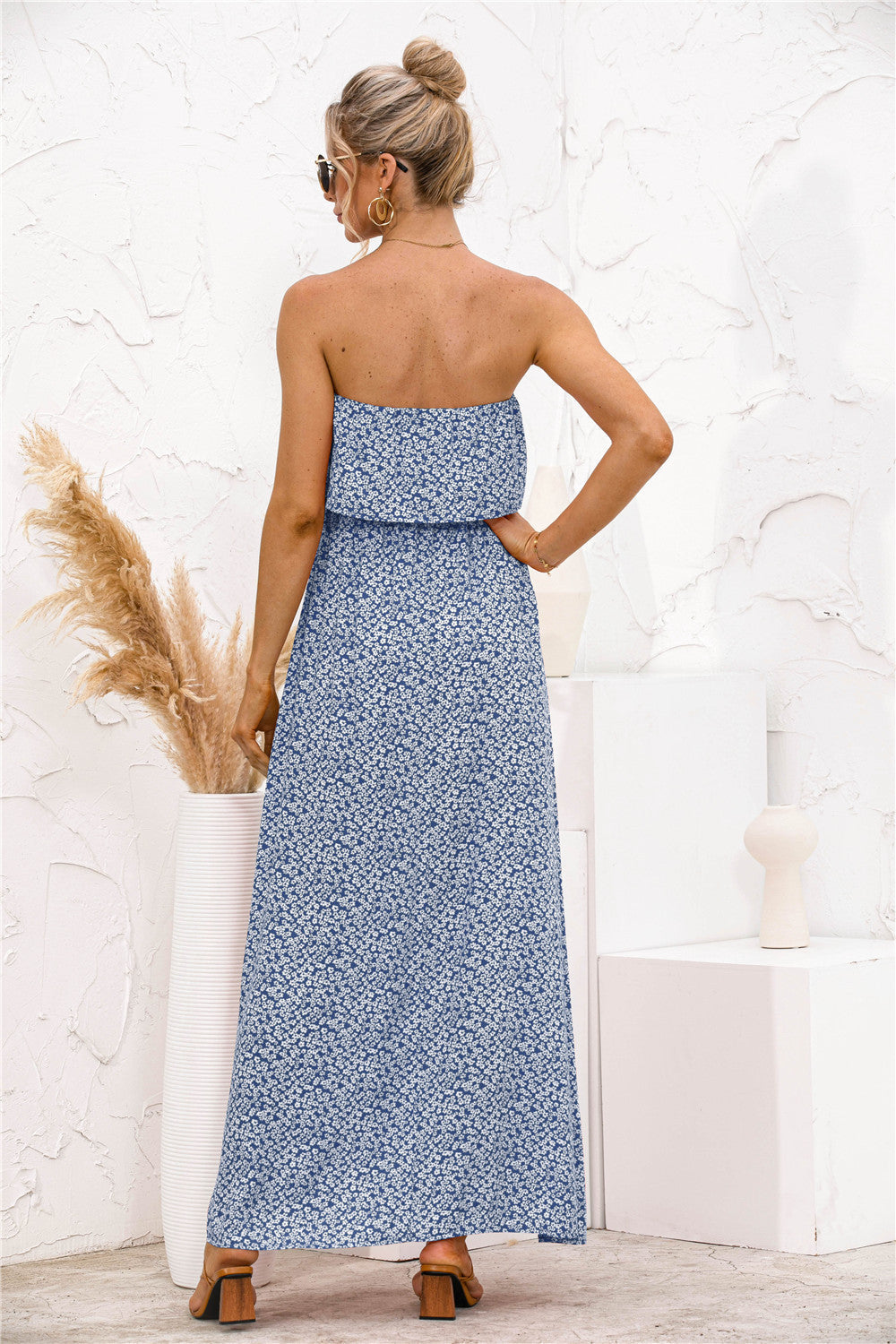 Floral Print Strapless Foldover High Slit Maxi Dress
