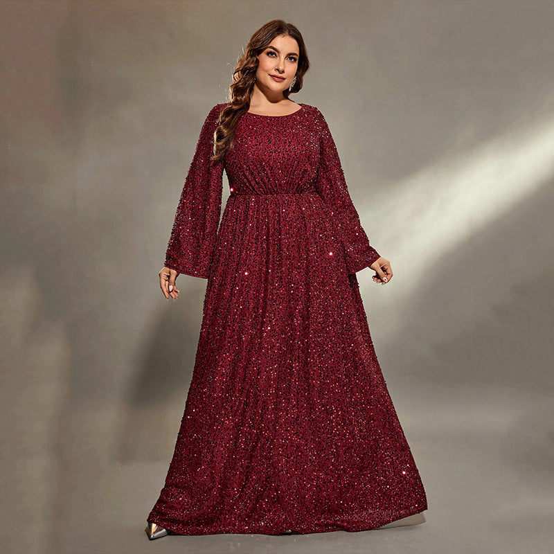 Sequin Long Sleeve Round Neck Ruched Waist A-Line Maxi Gown