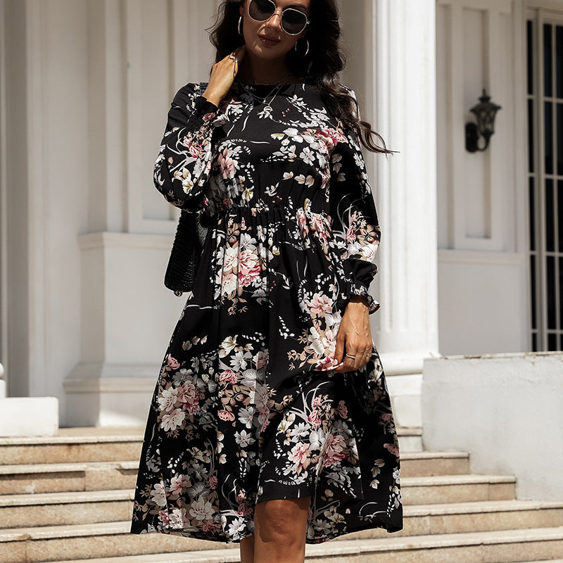 Floral Print Round Neck Long Sleeve Tiered Midi Dress