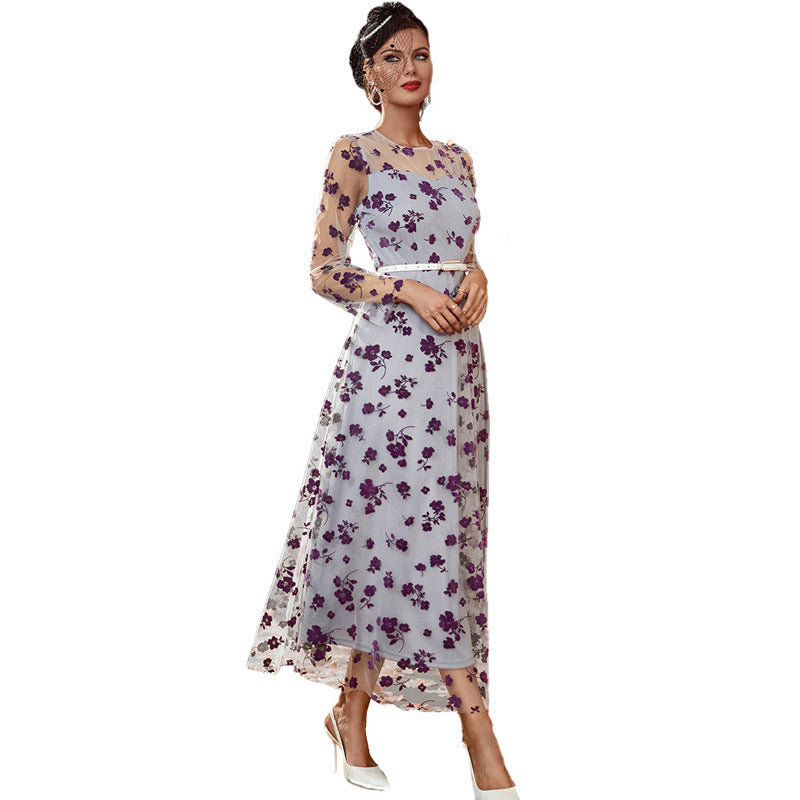 Lace Dress Round Neck Long Sleeve High Waist Swing Dress Maxi Dress - View 5