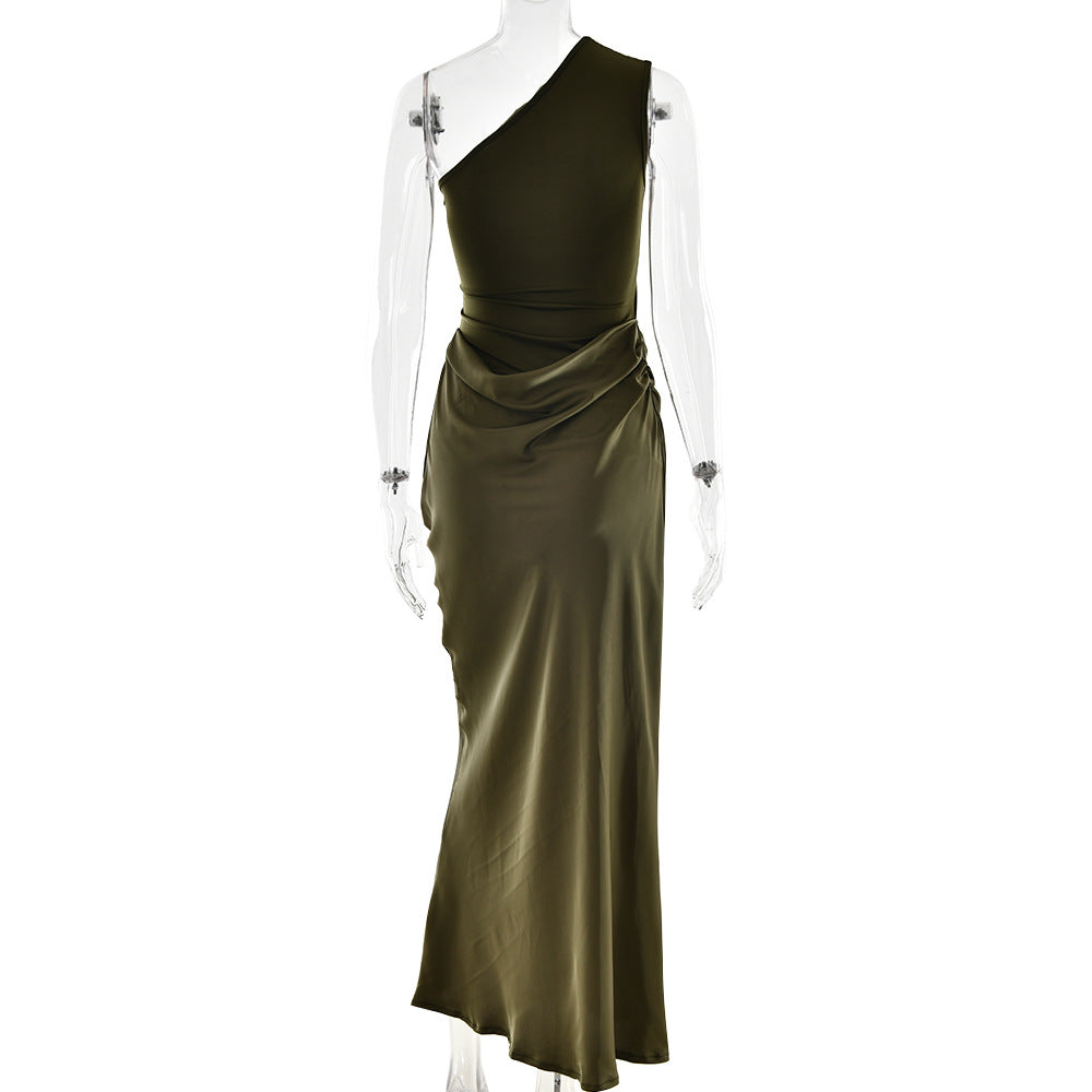One-Shoulder Ruched Satin Bias Column Maxi Dress 5
