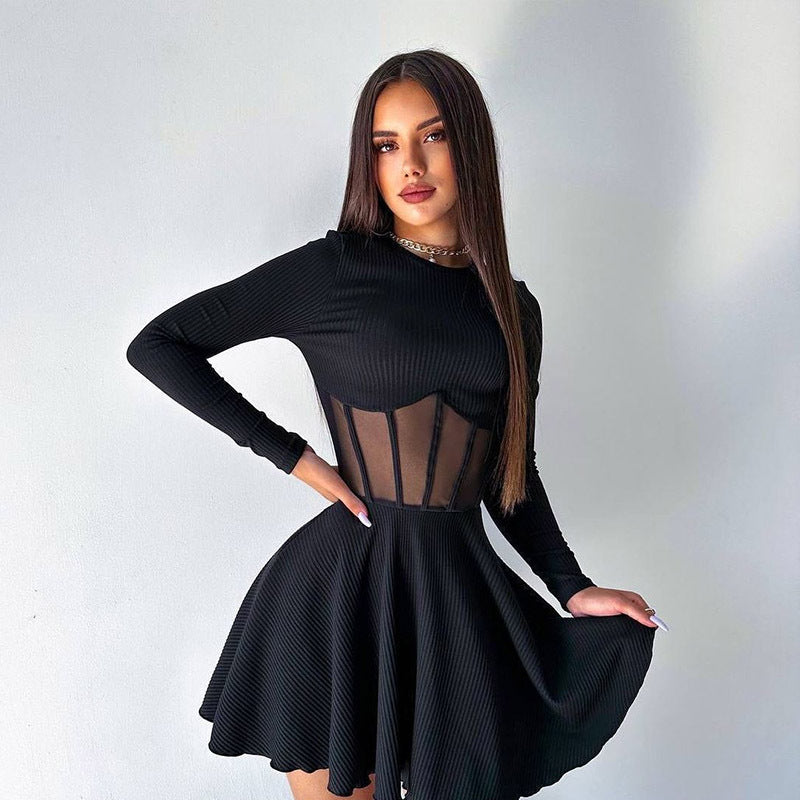 Fall Half High Collar Long Sleeves Mesh Patchwork See through Boning Corset Tight Waist Short Dress - Fashionpara