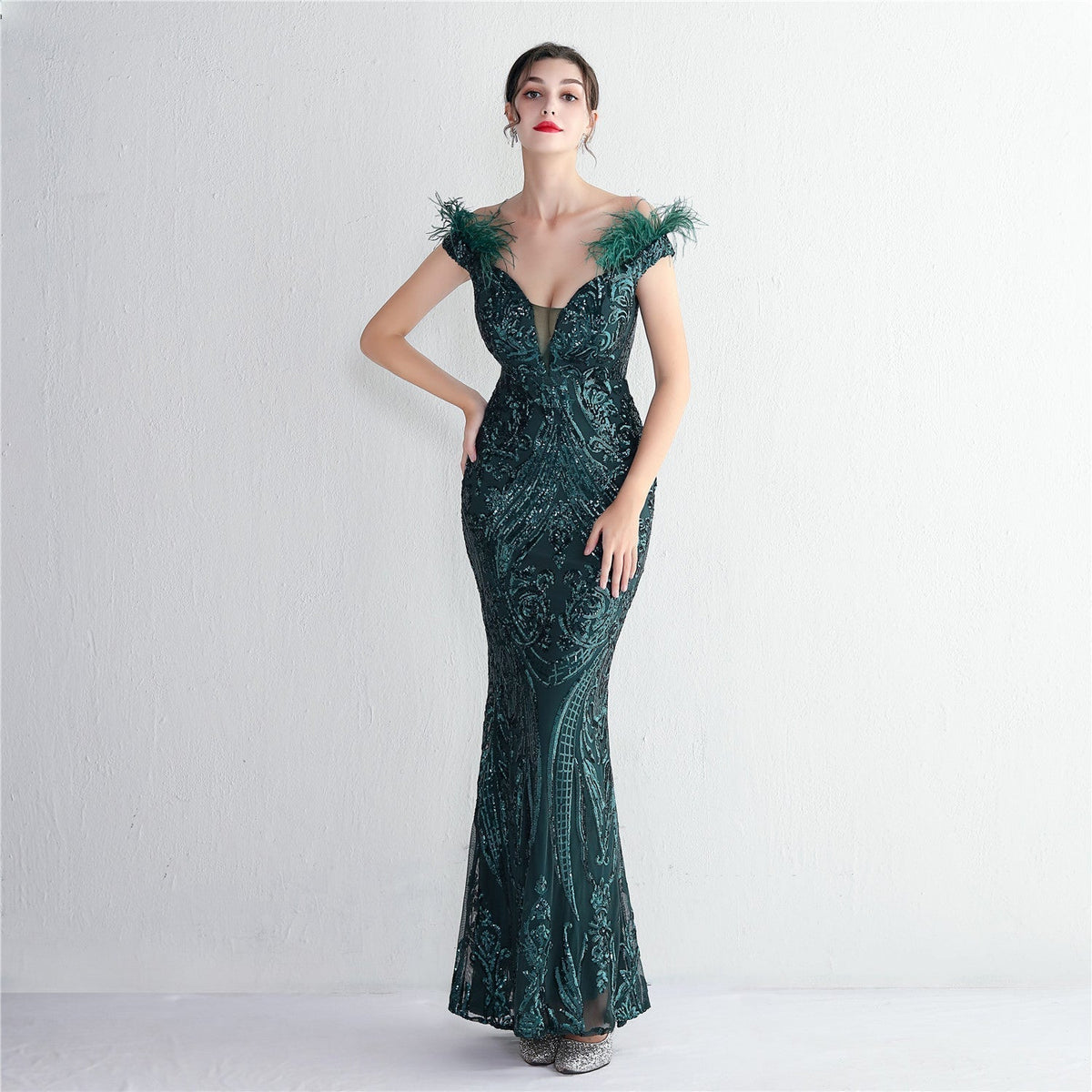 Off Shoulder Feather Deep V-Neck Sequin Mermaid Gown - View 11