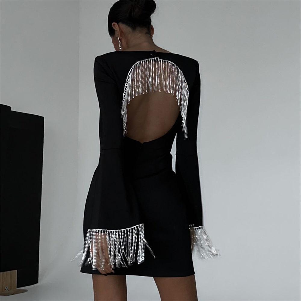 Rhinestone Fringe Open-Back Long-Sleeve Mini Dress