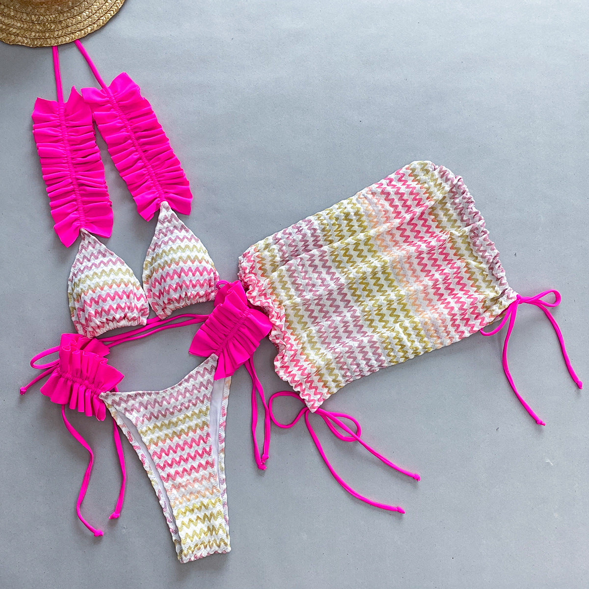 Three Piece Set Bikini Bikini Pleated Side Split Women Swimsuit - Fashionpara