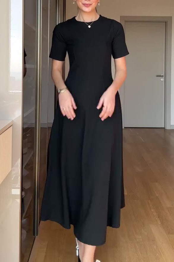 Temperament solid color waist loose hem midi dress