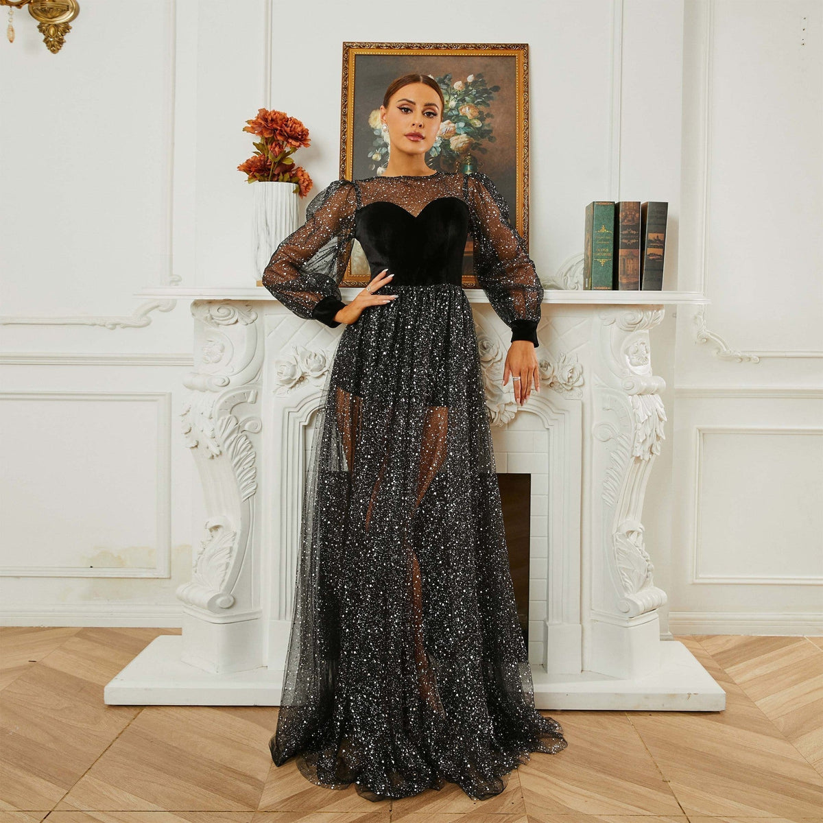 Glitter Round Neck Puff Sleeve Sheer Tulle A-Line Maxi Dress - View 2