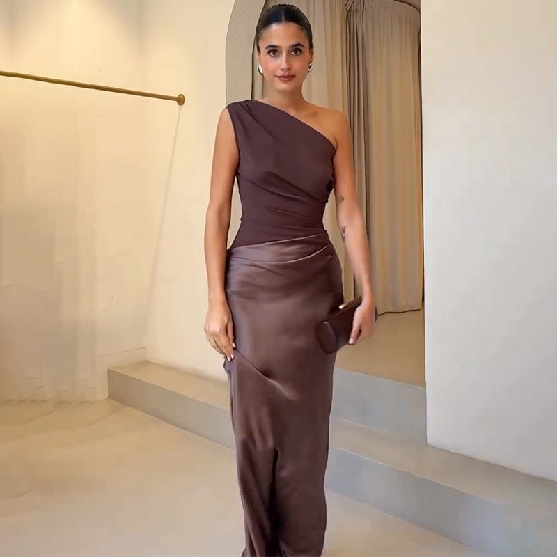 One-Shoulder Ruched Satin Draped Column Maxi Dress
