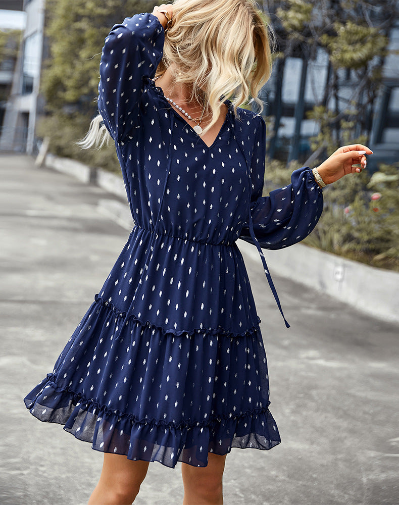 Foulard Print V-Neck Long Sleeve Tiered Ruffle Mini Dress