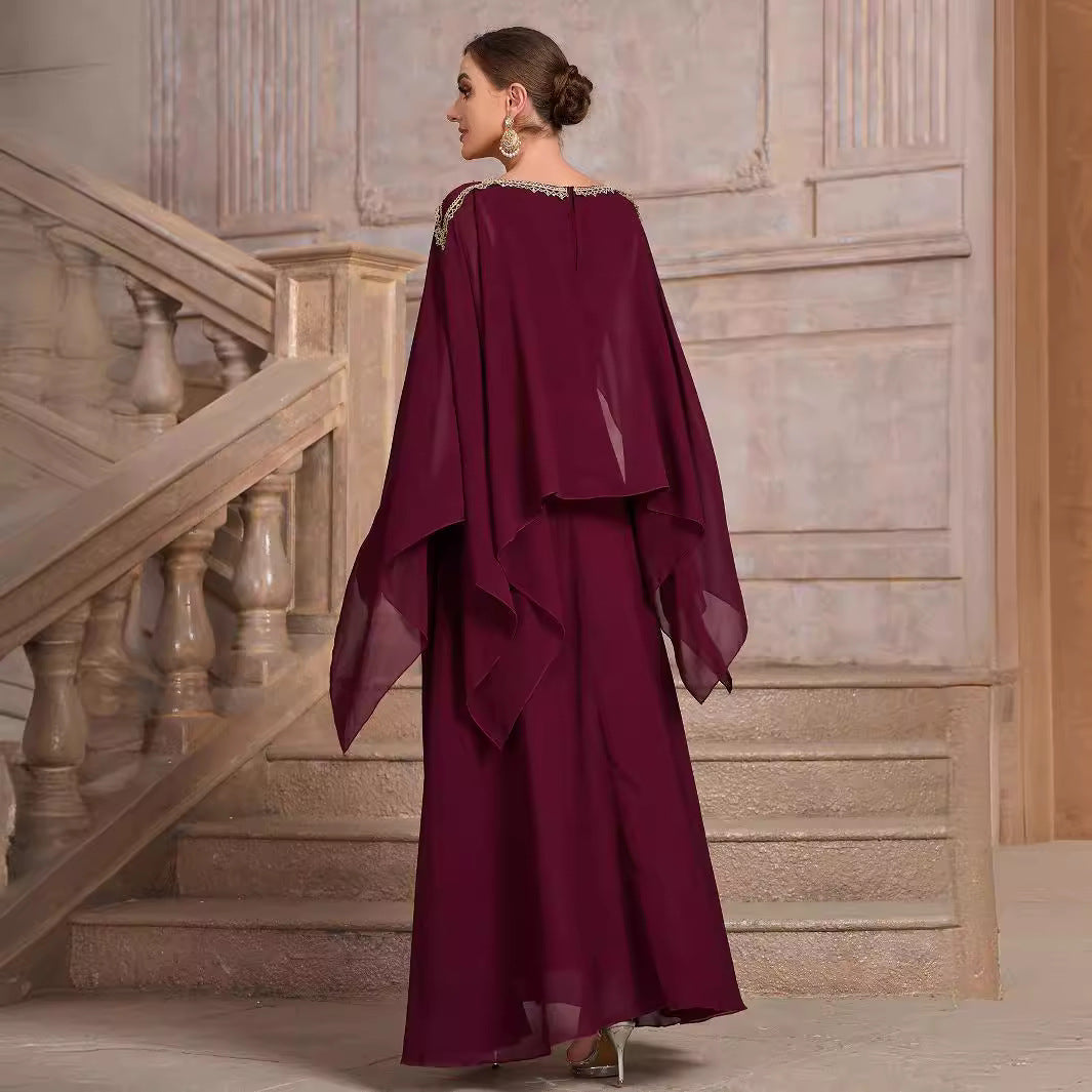 Solid Color Shawl Sleeve round Neck Belt Chiffon Elegant Cocktail Evening Dress - Fashionpara