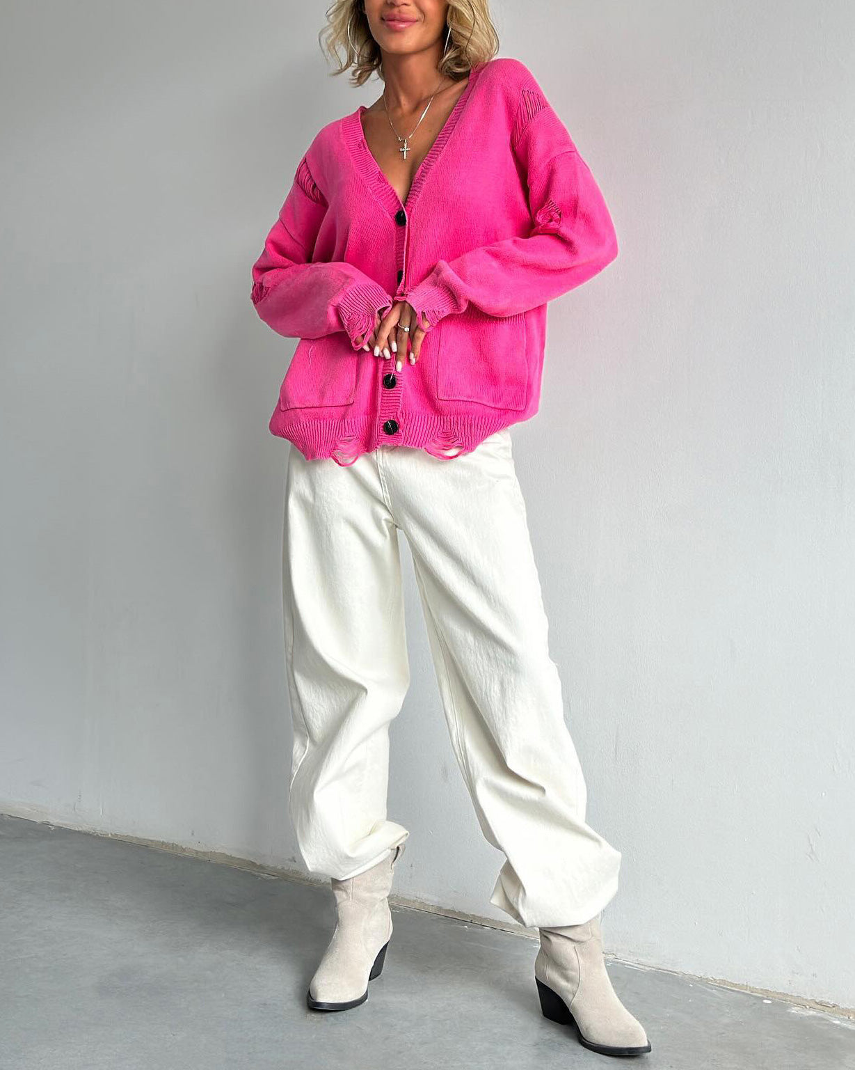 Cozy Distressed V-Neck Wool Cardigan for Effortless Style