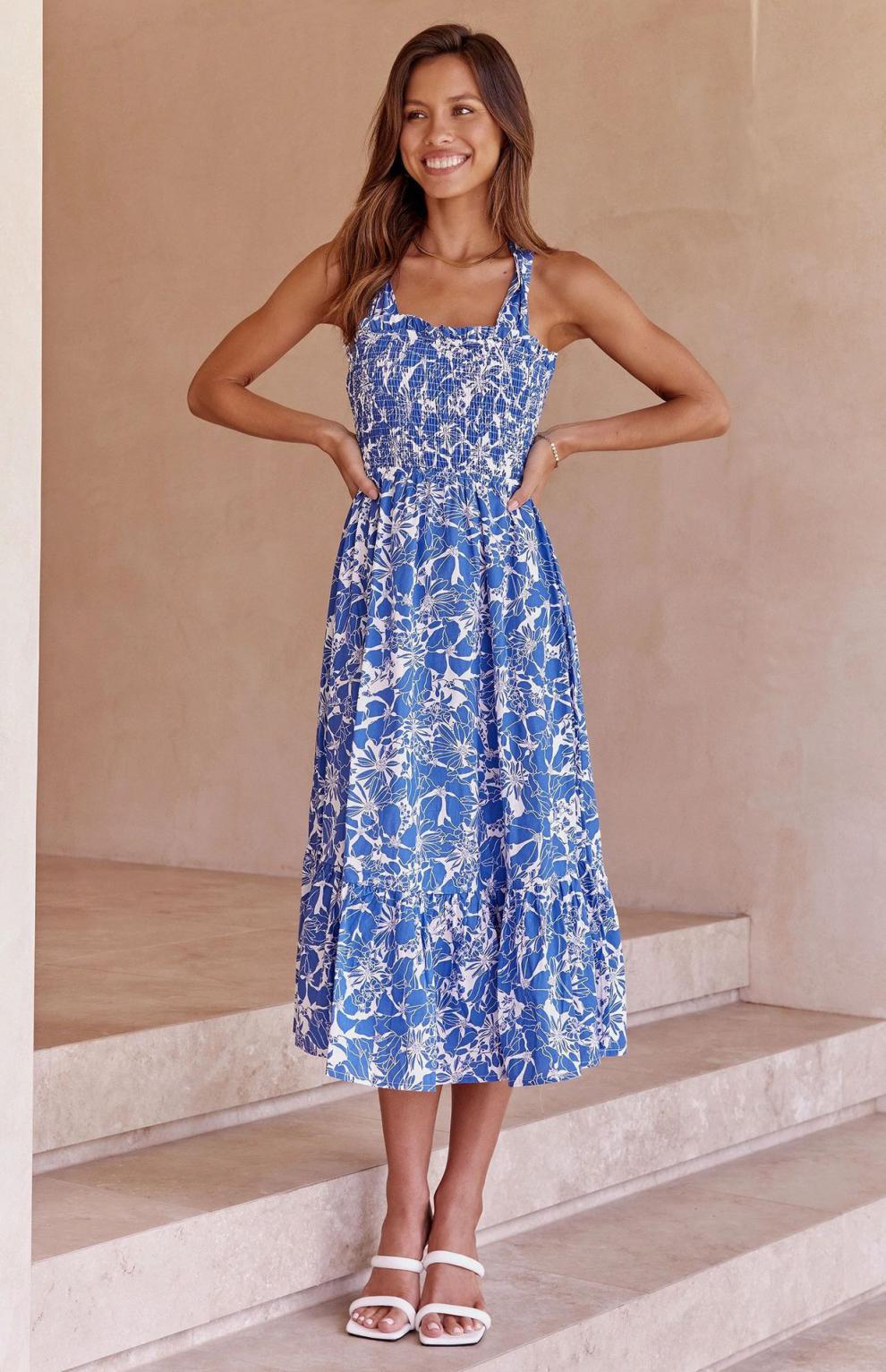 Floral Print Square Neck Smocked Tiered Midi Dress