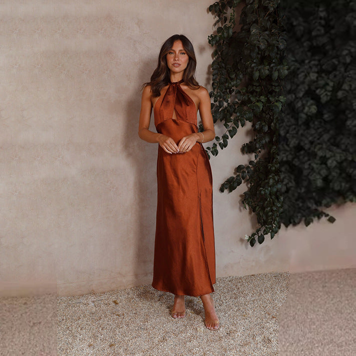 Satin Halterneck Cross-Front Cutout Backless Slit Maxi Dress 4