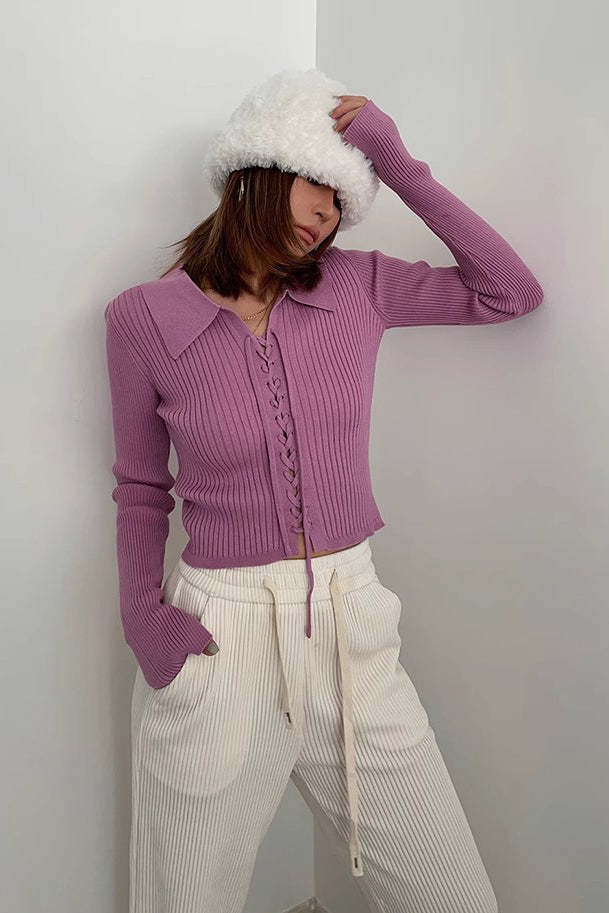 Rib-Knit Lace-Up Sweater Cardigan for Stylish Comfort