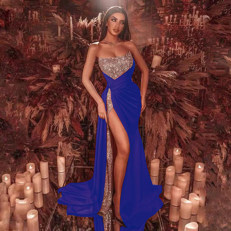 High Slit Floral Sequin Prom Dress blue / S promdress-250223