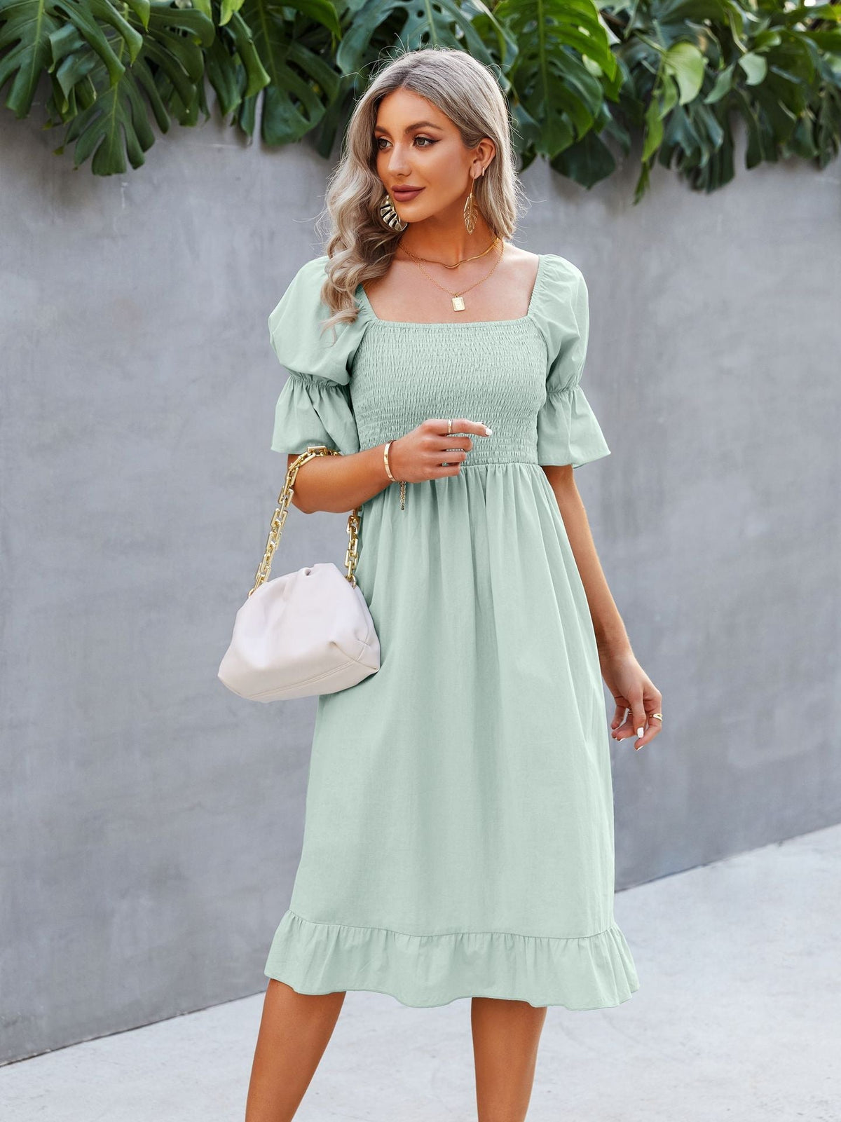 Square Neck Puff Sleeve Smocked Ruffle Midi Dress