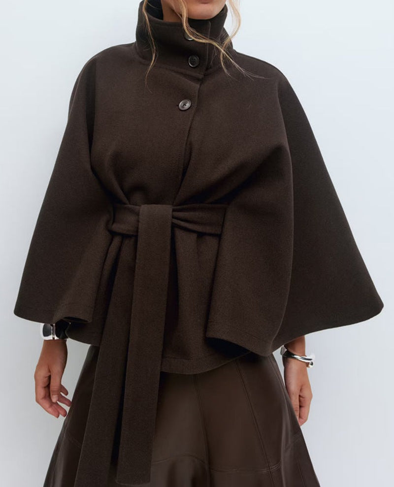 Solid Color Stand Collar Belted Cape Trench Coat for Elegance