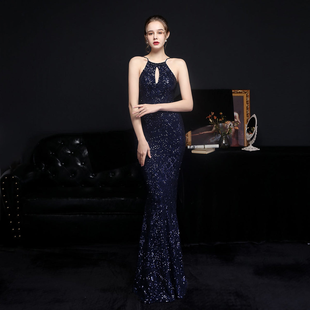 Halter Neck Keyhole Beaded Sequin Mermaid Gown - View 8