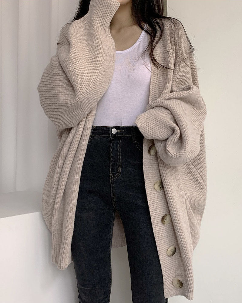 V-neck Loose Lantern Sleeve Knitted Cardigan Sweater