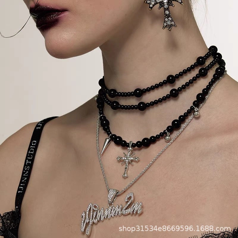 Dark Gothic Cross Beaded Multi-Layer Necklace for Elegance