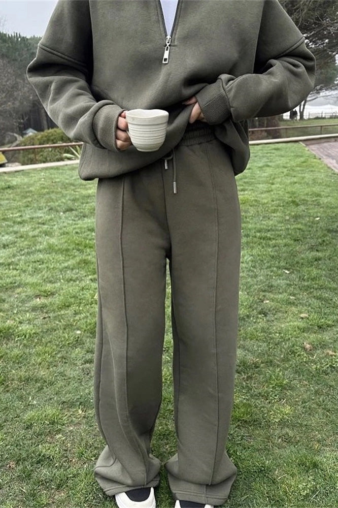 Thrifted Vibes Half-Open Pullover and Pants Set for Comfort