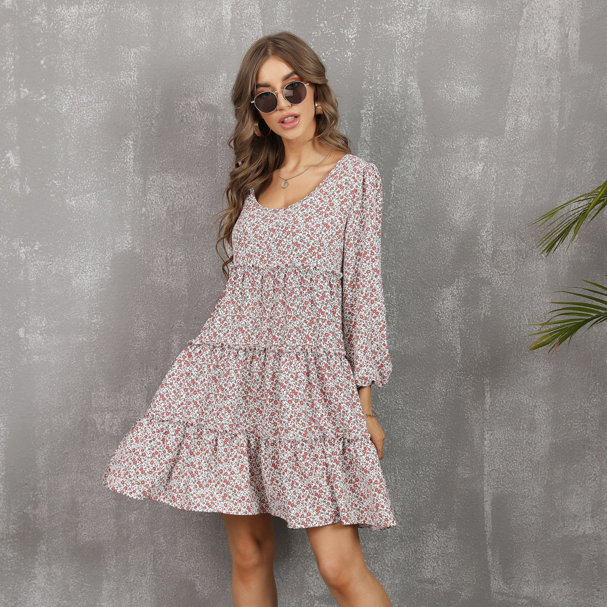 Floral Print Scoop Neck Long Sleeve Tiered Mini Dress