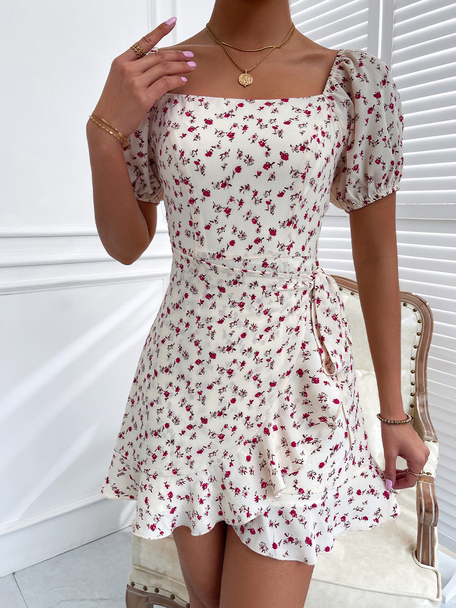 Floral Print Square Neck Puff Sleeve Ruffle Wrap Mini Dress