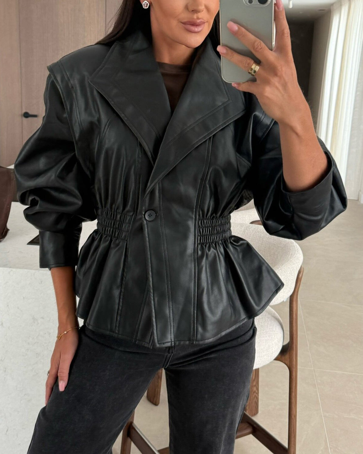 ShoptheCIC Classic Cropped PU Jacket with Stylish Lapel Design