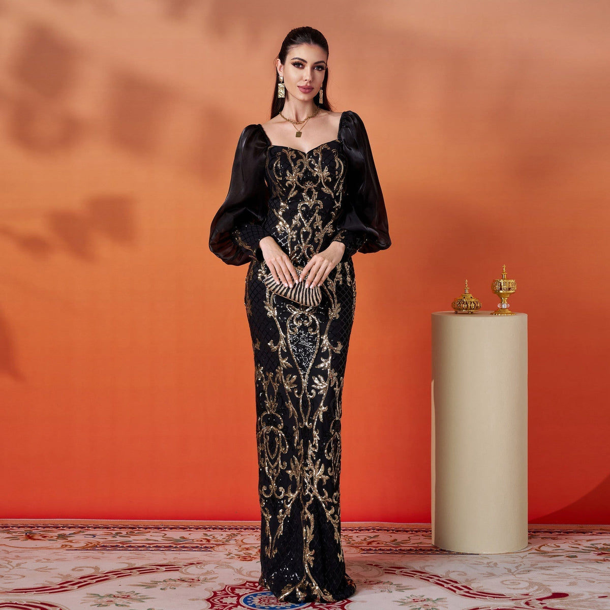 Sequin Sweetheart Neck Puff Sleeve Mermaid Formal Gown