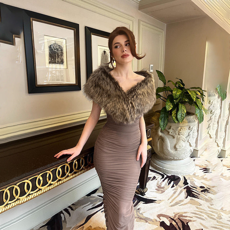 Faux-Fur Stole Off-Shoulder Ruched Bodycon Maxi Dress 2