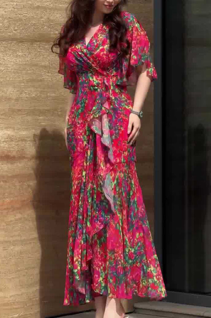 Unrestrained rose red printed short-sleeved long dress