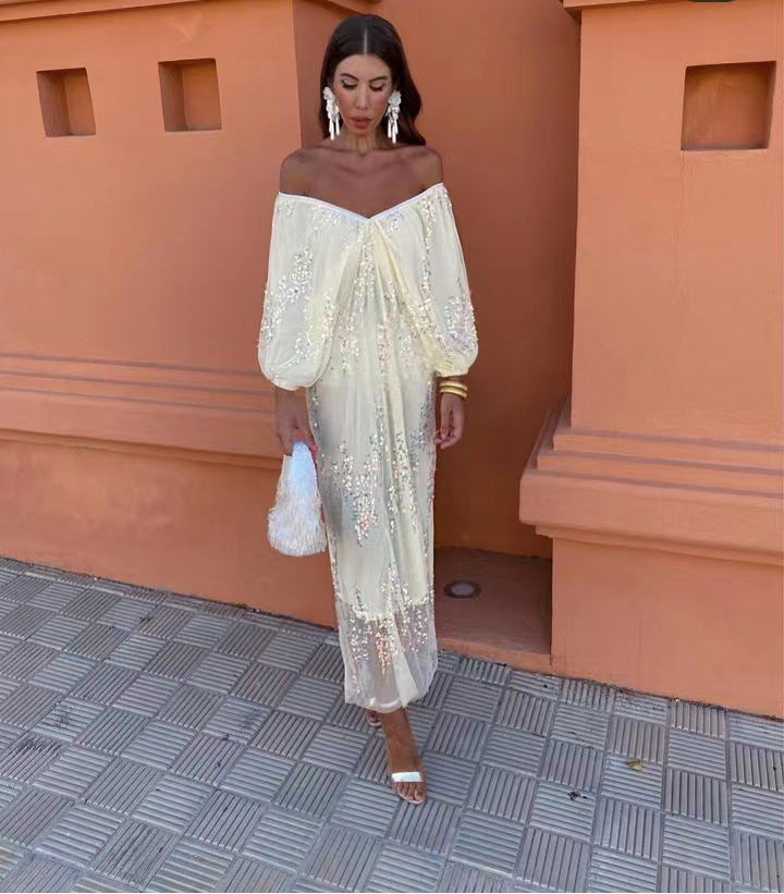 Sequin Off Shoulder Deep V-Neck Lantern Sleeve Mesh Maxi Dress