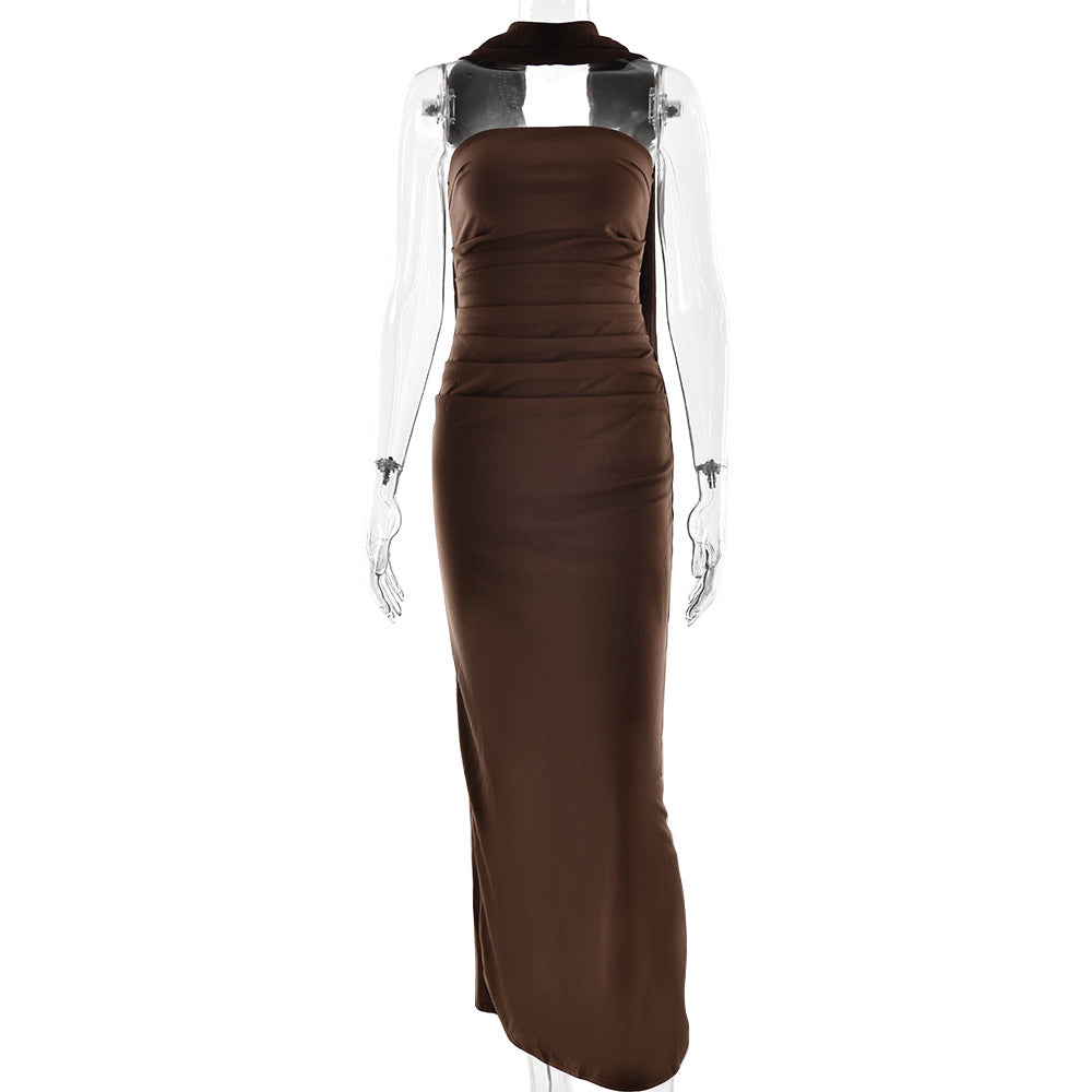 Strapless Choker-Neck Ruched Bodycon Maxi Dress 4