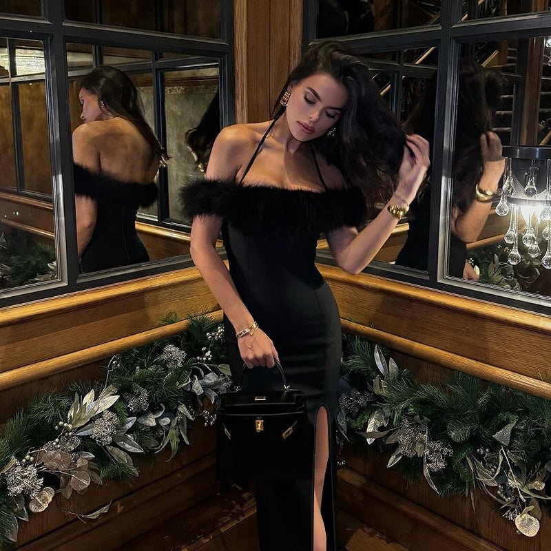 Off-Shoulder Feather-Trim Halter High-Slit Bodycon Maxi Dress 2