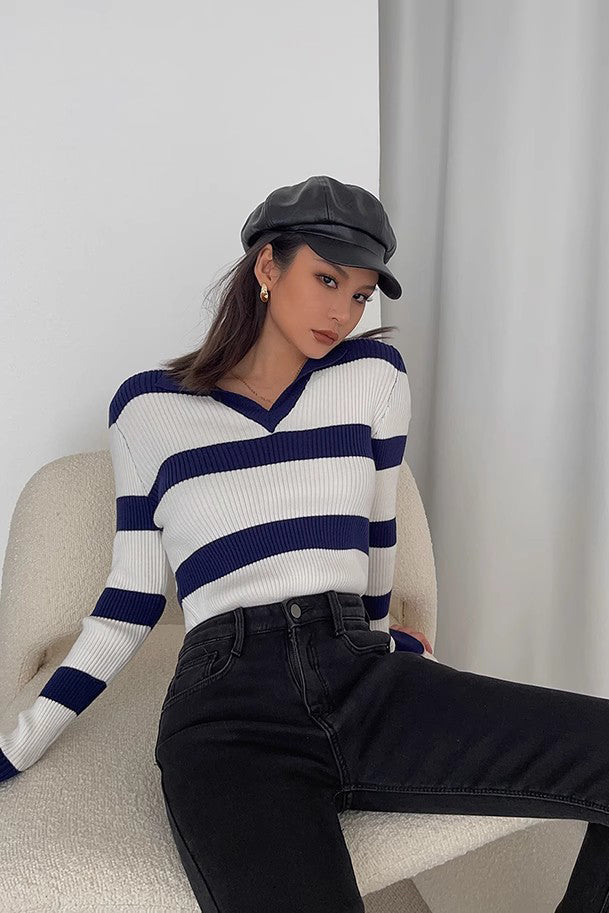 Ribbed Long Sleeve Striped Sweater for Effortless Style