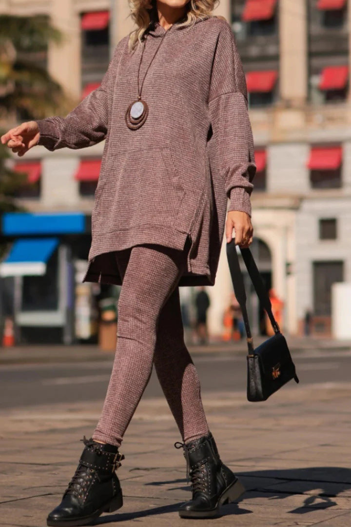 Solid color kangaroo pocket hooded sweatshirt and slim-fit sweatpants two-piece set