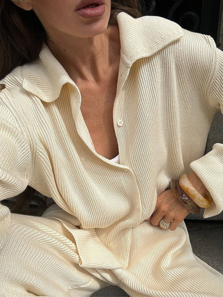 Lapel Ribbed Knitted Jacket and Loose Trousers Set